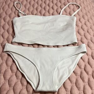 aerie - american eagle - white ribbed bandeau top & bikini bottom swimsuit